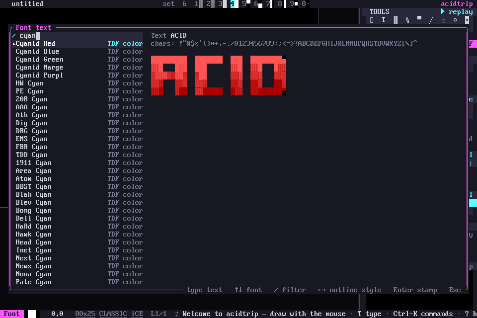 The font dialog with text previewed in a TheDraw font