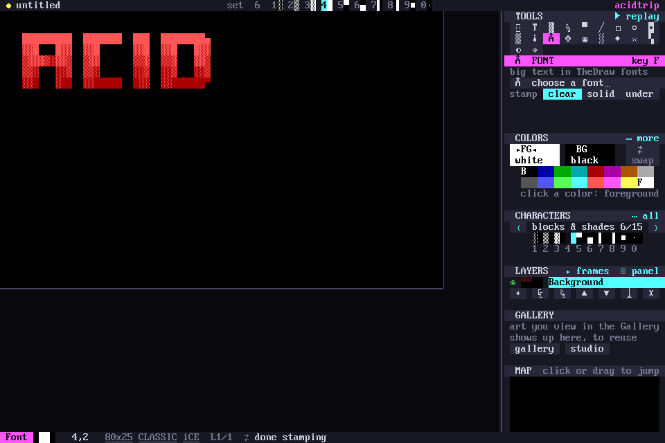 Text stamped on the canvas in a TheDraw font