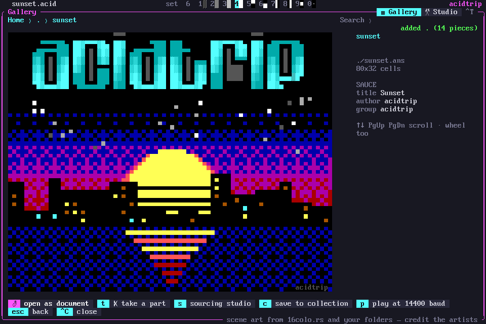 A piece, full screen. With its SAUCE credits.