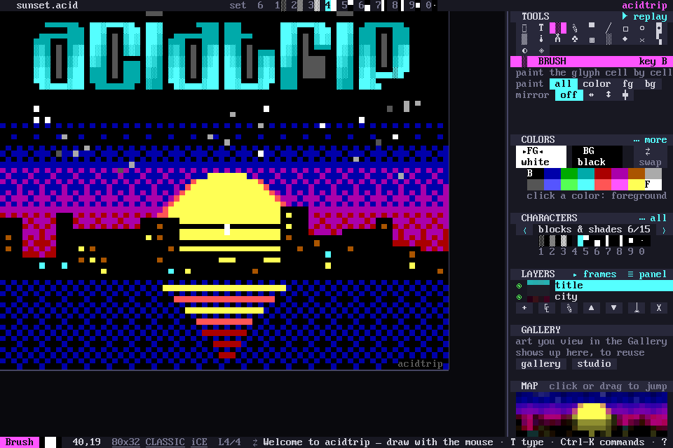 acidtrip with a synthwave sunset open: the canvas on the left, the sidebar panels on the right, the status bar below